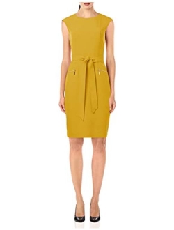 Women's Stretch Crepe Cap Sleeve Dress with Tie Belt and Zip Pockets