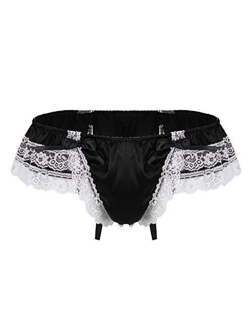 inlzdz Men's Shiny Satin Layers Floral Lace Bikini Briefs Sissy Pouch Panties Underwear