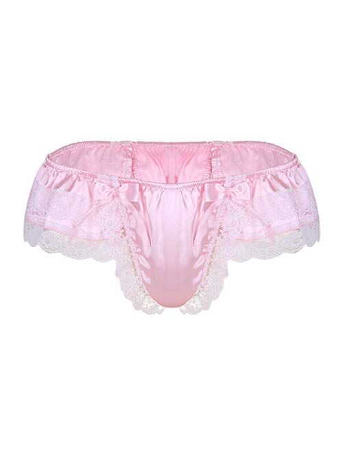 inlzdz Men's Shiny Satin Layers Floral Lace Bikini Briefs Sissy Pouch Panties Underwear