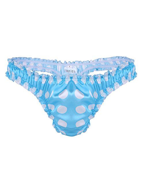 iEFiEL Men's Soft Satin Polka Dot Ruffled Extra Frilly Thong Sissy Underwear Tanga Panties