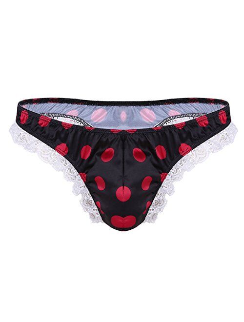 iEFiEL Men's Soft Satin Polka Dot Ruffled Extra Frilly Thong Sissy Underwear Tanga Panties