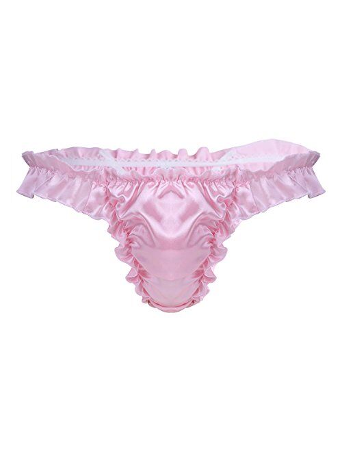 iEFiEL Men's Soft Satin Polka Dot Ruffled Extra Frilly Thong Sissy Underwear Tanga Panties