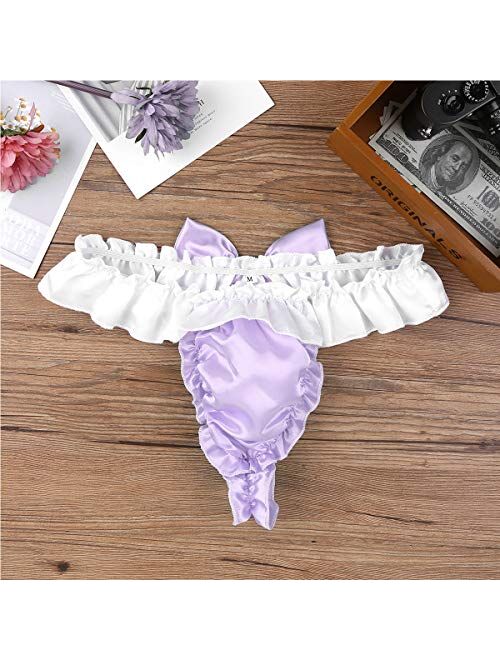 Agoky Mens G-String Thong Soft Satin Ruffled Frilly Sissy Panties Underwear Bikini Shorts