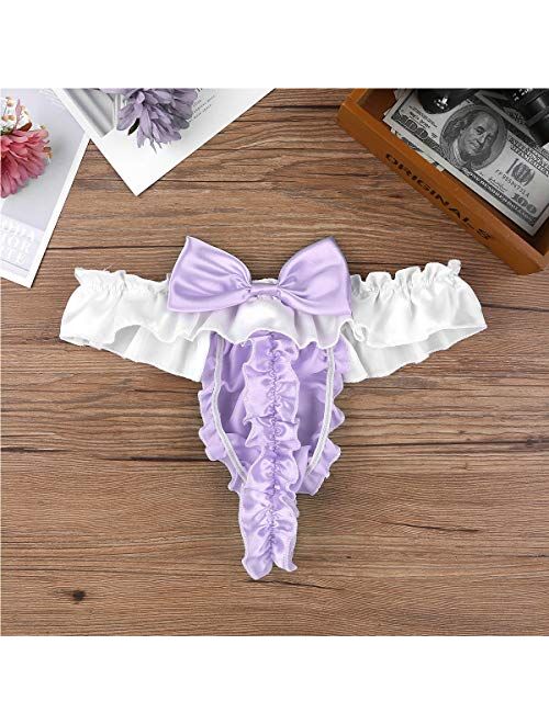 Agoky Mens G-String Thong Soft Satin Ruffled Frilly Sissy Panties Underwear Bikini Shorts