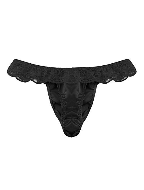 ACSUSS Men's Frilly Lace Ruffled Sissy Pouch Silk Satin Bikini Thongs Underwear