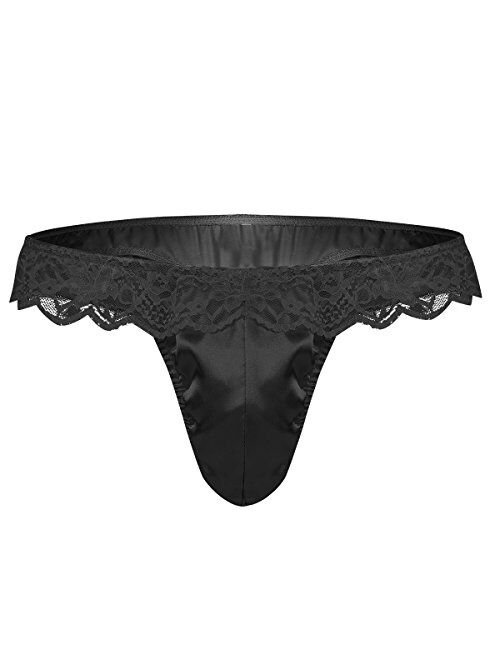 ACSUSS Men's Frilly Lace Ruffled Sissy Pouch Silk Satin Bikini Thongs Underwear