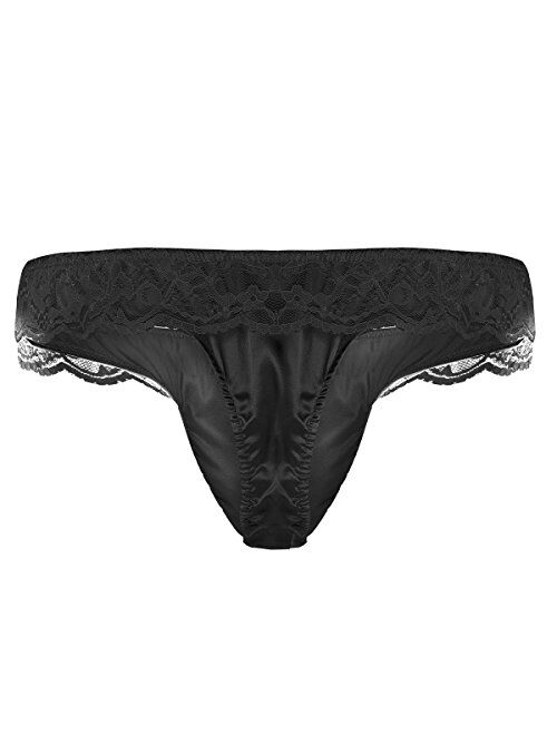 ACSUSS Men's Frilly Lace Ruffled Sissy Pouch Silk Satin Bikini Thongs Underwear