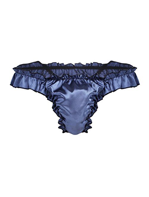 MSemis Men's Satin Silk Ruffled Frilly Sissy Panties Thongs Underwear Bikini Briefs Crossdress Lingerie