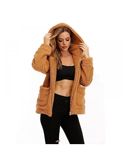 YYW Womens Shearling Coat Long Sleeve Lapel Zip Up Shaggy Sherpa Jacket Camel Faux Oversized Outwear