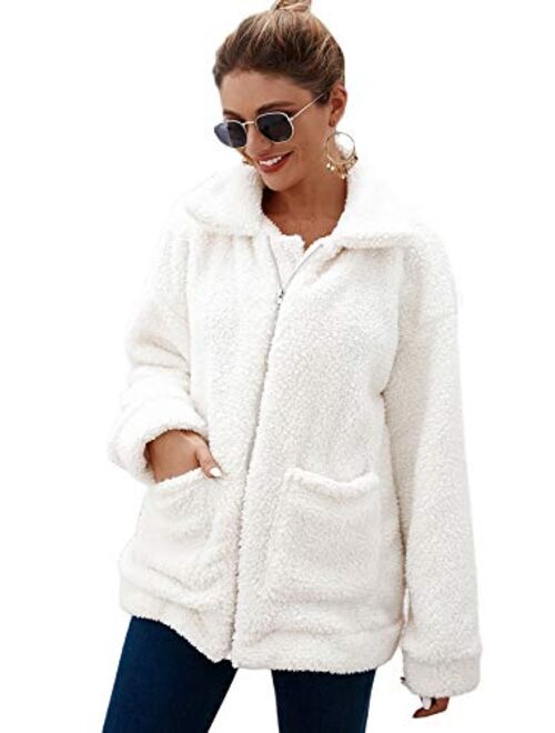 YYW Womens Shearling Coat Long Sleeve Lapel Zip Up Shaggy Sherpa Jacket Camel Faux Oversized Outwear