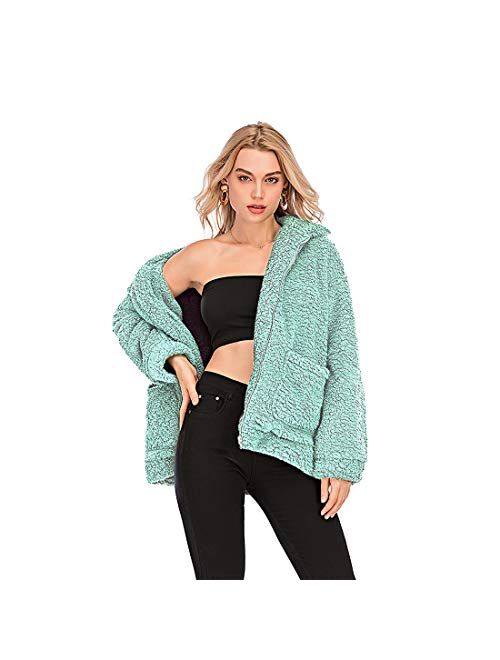 Comeon Fleece Fuzzy Jackets Lapel Open Front Cardigan Sherpa Shearling Coat Faux Fur Coat Warm Winter Sweater Coats for Women