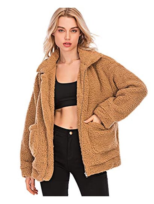 Comeon Fleece Fuzzy Jackets Lapel Open Front Cardigan Sherpa Shearling Coat Faux Fur Coat Warm Winter Sweater Coats for Women