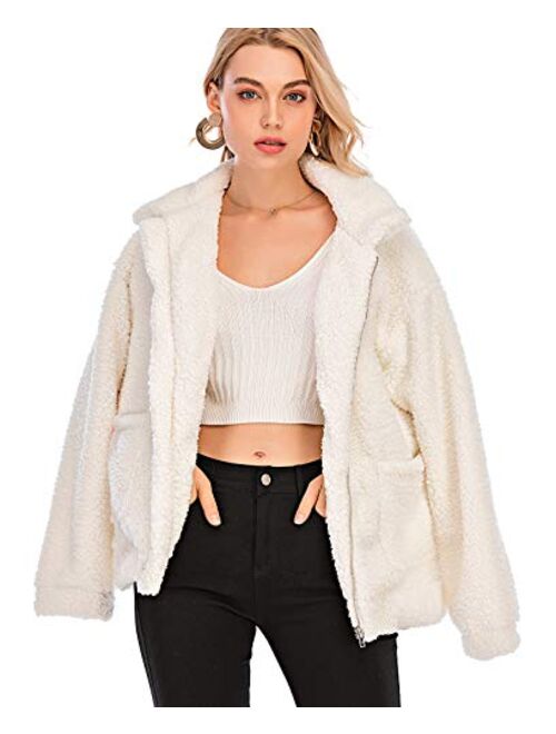 Comeon Fleece Fuzzy Jackets Lapel Open Front Cardigan Sherpa Shearling Coat Faux Fur Coat Warm Winter Sweater Coats for Women