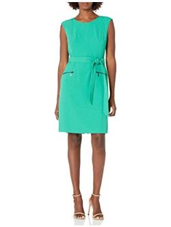 Women's Stretch Crepe V Neck Cap Sleeve Belted Dress