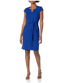 Women's Stretch Crepe V Neck Cap Sleeve Belted Dress