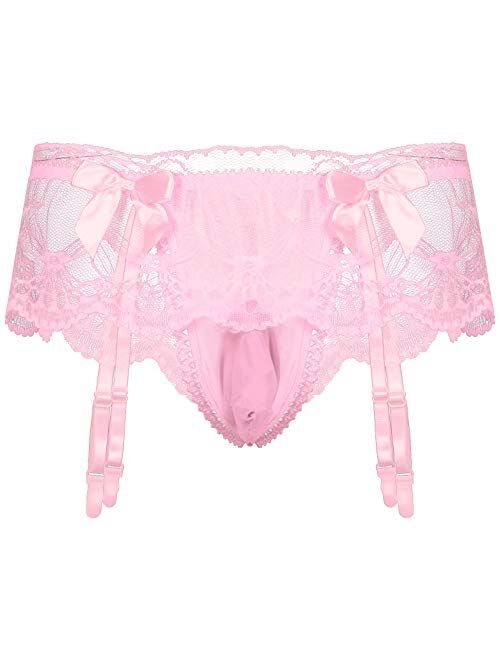 QinCiao Sissy Pouch Panties Men's Skirted Mooning Bikini Briefs Girly Underwear with Garter