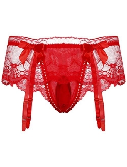 Doomiva Mens Sheer Lace Ruffled Bikini Briefs Sissy Pouch Panties Underwear with Garters