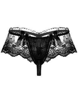 Doomiva Mens Sheer Lace Ruffled Bikini Briefs Sissy Pouch Panties Underwear with Garters