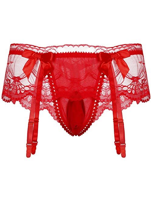 Doomiva Mens Sheer Lace Ruffled Bikini Briefs Sissy Pouch Panties Underwear with Garters