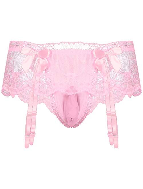 Doomiva Mens Sheer Lace Ruffled Bikini Briefs Sissy Pouch Panties Underwear with Garters