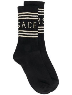 Intersia Cotton Knit Blend Crew Trainer Socks With Logo And Rib Pattern