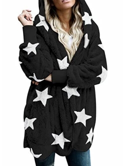 Womens Long Sleeve Solid Fuzzy Fleece Open Front Hooded Cardigans Jacket Coats Outwear with Pocket