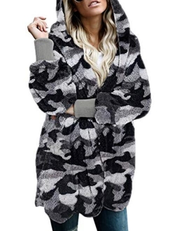 Womens Long Sleeve Solid Fuzzy Fleece Open Front Hooded Cardigans Jacket Coats Outwear with Pocket