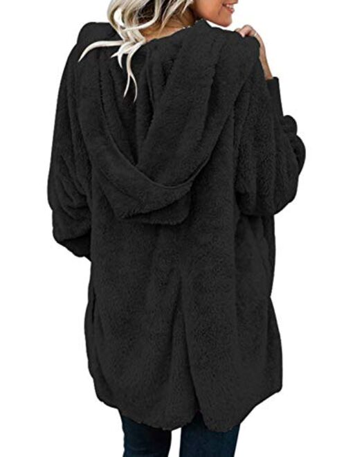 Dokotoo Womens Long Sleeve Solid Fuzzy Fleece Open Front Hooded Cardigans Jacket Coats Outwear with Pocket