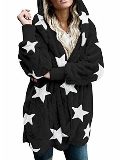 Dokotoo Womens Long Sleeve Solid Fuzzy Fleece Open Front Hooded Cardigans Jacket Coats Outwear with Pocket