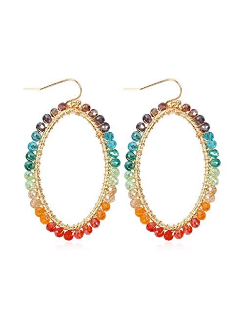 Riah Fashion Bohemian Beaded Statement Earrings - Lightweight Sparkly Crystal Teardrop Dangle, Rainbow Marquise, Multi Color Oval Drop, Pearl Hoops