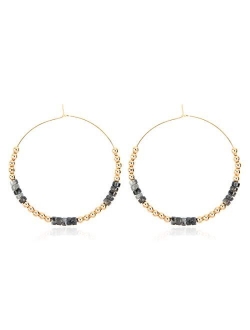 Natural Stone Beads Statement Earrings - Cutout Teardrop Open Pear Shape Beaded Drop Dangles, Round Hoops