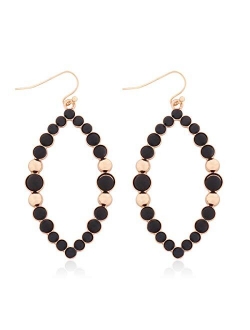 Natural Stone Beads Statement Earrings - Cutout Teardrop Open Pear Shape Beaded Drop Dangles, Round Hoops