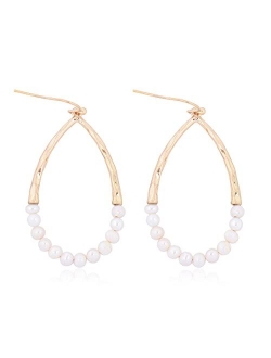 Natural Stone Beads Statement Earrings - Cutout Teardrop Open Pear Shape Beaded Drop Dangles, Round Hoops