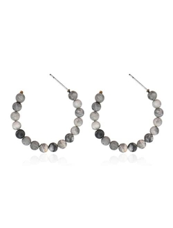 Natural Stone Beads Statement Earrings - Cutout Teardrop Open Pear Shape Beaded Drop Dangles, Round Hoops