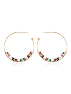 Natural Stone Beads Statement Earrings - Cutout Teardrop Open Pear Shape Beaded Drop Dangles, Round Hoops