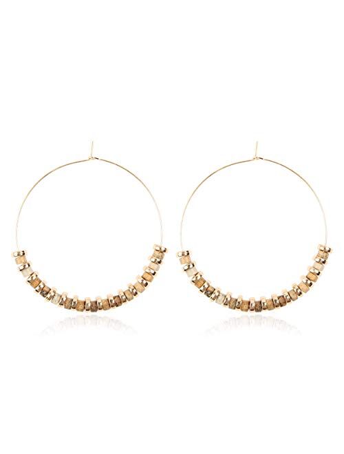 RIAH FASHION Natural Stone Beads Statement Earrings - Cutout Teardrop Open Pear Shape Beaded Drop Dangles, Round Hoops