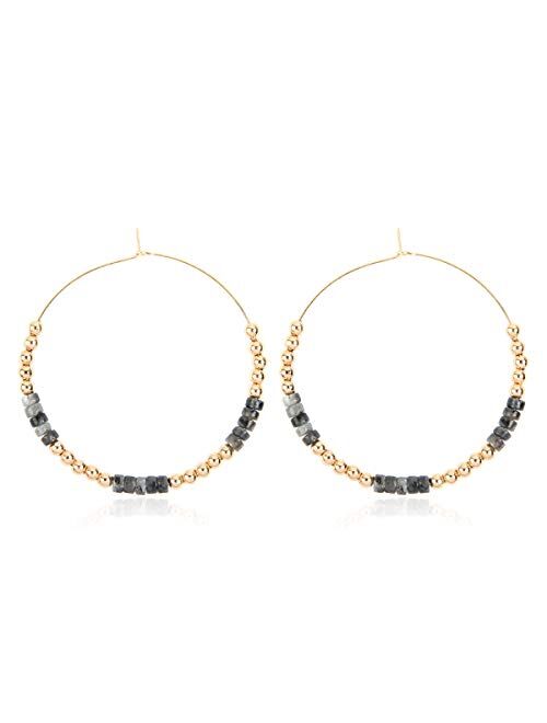 RIAH FASHION Natural Stone Beads Statement Earrings - Cutout Teardrop Open Pear Shape Beaded Drop Dangles, Round Hoops