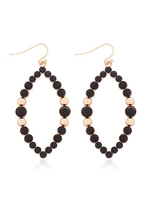 RIAH FASHION Natural Stone Beads Statement Earrings - Cutout Teardrop Open Pear Shape Beaded Drop Dangles, Round Hoops