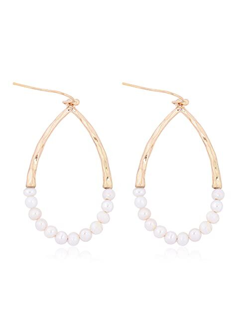 RIAH FASHION Natural Stone Beads Statement Earrings - Cutout Teardrop Open Pear Shape Beaded Drop Dangles, Round Hoops