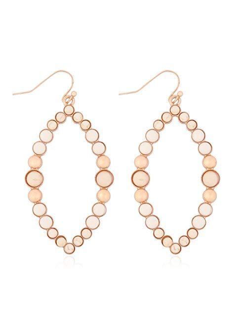 RIAH FASHION Natural Stone Beads Statement Earrings - Cutout Teardrop Open Pear Shape Beaded Drop Dangles, Round Hoops