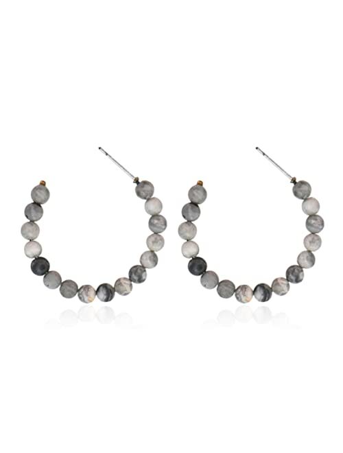 RIAH FASHION Natural Stone Beads Statement Earrings - Cutout Teardrop Open Pear Shape Beaded Drop Dangles, Round Hoops