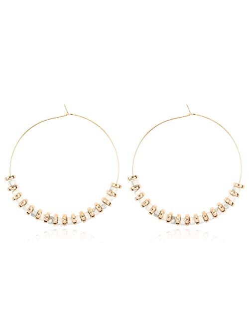 RIAH FASHION Natural Stone Beads Statement Earrings - Cutout Teardrop Open Pear Shape Beaded Drop Dangles, Round Hoops