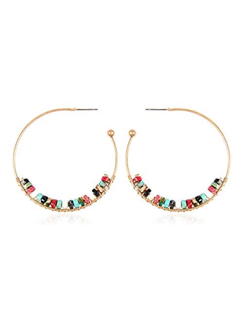 RIAH FASHION Natural Stone Beads Statement Earrings - Cutout Teardrop Open Pear Shape Beaded Drop Dangles, Round Hoops