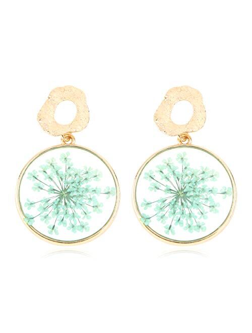 RIAH FASHION Lightweight Floral Petal Drop Earrings - Multi Petal Leaf Metallic Wired Hoop, Sparkly Rhinestone Studs, Pressed Flower Dangles