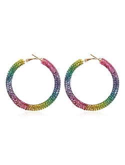 Sparkly Cubic Jewel Geometric Statement Hoop Earrings - Bling Crystal Rhinestone Glitter Hexagon Round Hoops, Vertical Bar