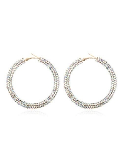 Sparkly Cubic Jewel Geometric Statement Hoop Earrings - Bling Crystal Rhinestone Glitter Hexagon Round Hoops, Vertical Bar