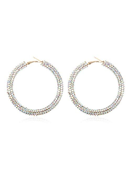 Riah Fashion Sparkly Cubic Jewel Geometric Statement Hoop Earrings - Bling Crystal Rhinestone Glitter Hexagon Round Hoops, Vertical Bar