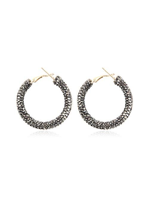 Riah Fashion Sparkly Cubic Jewel Geometric Statement Hoop Earrings - Bling Crystal Rhinestone Glitter Hexagon Round Hoops, Vertical Bar