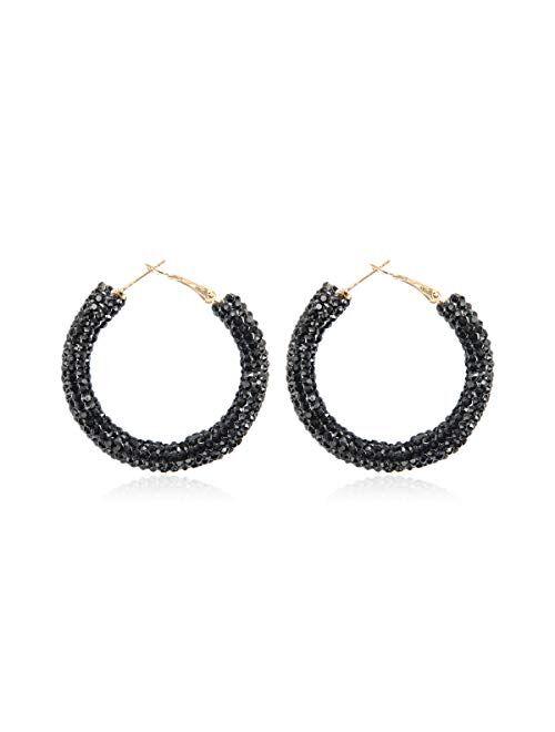 Riah Fashion Sparkly Cubic Jewel Geometric Statement Hoop Earrings - Bling Crystal Rhinestone Glitter Hexagon Round Hoops, Vertical Bar