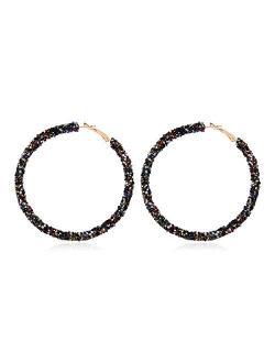 Glitter Rhinestone Statement Hoop Earrings - Sparkly Crystal Geometric Round Metal Hoops